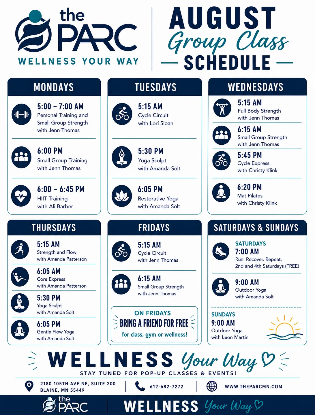 August group class schedule at The PARC Blaine MN