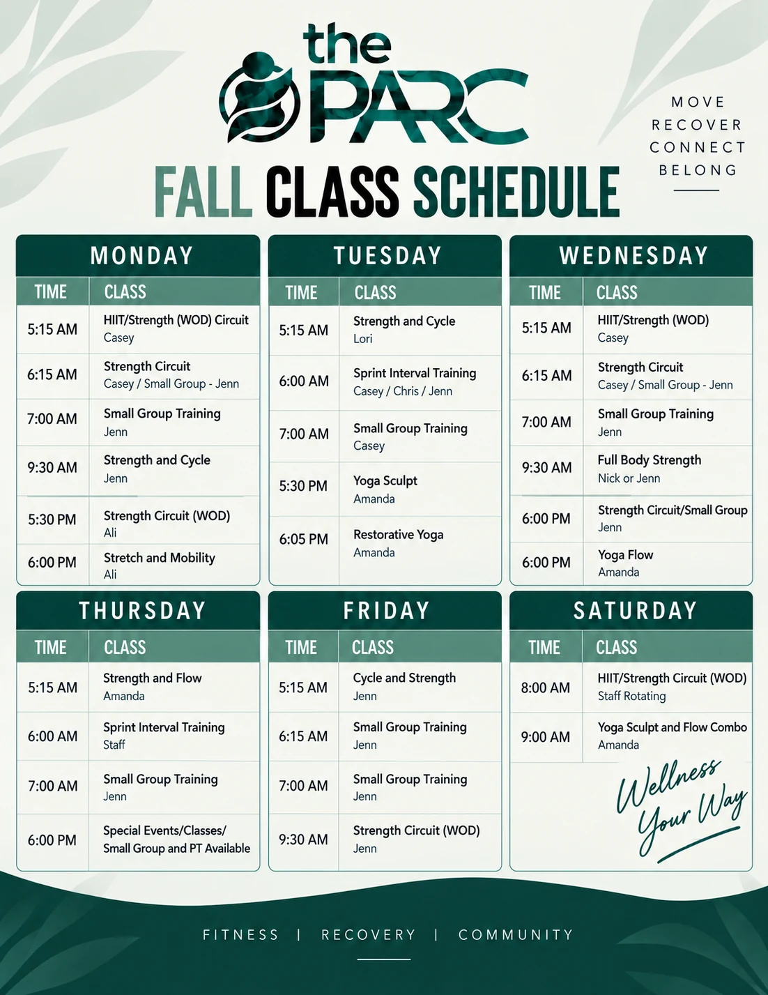 Fall group class schedule at The PARC Blaine MN — Monday through Saturday class times and instructors