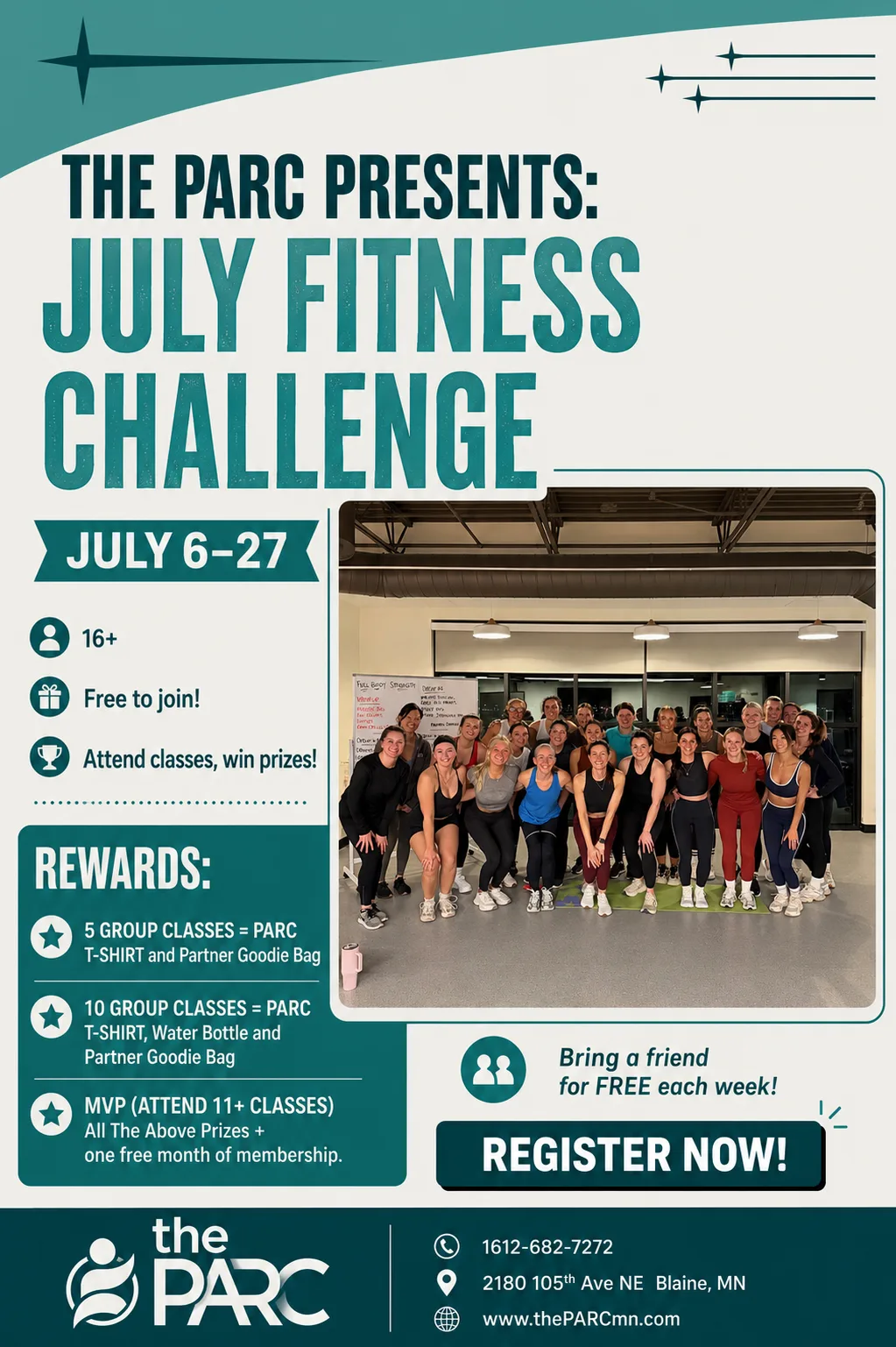 The PARC July Fitness Challenge — July 6–27, attend classes to win prizes
