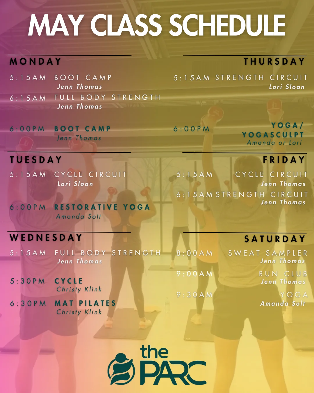 May class schedule at The PARC Blaine MN