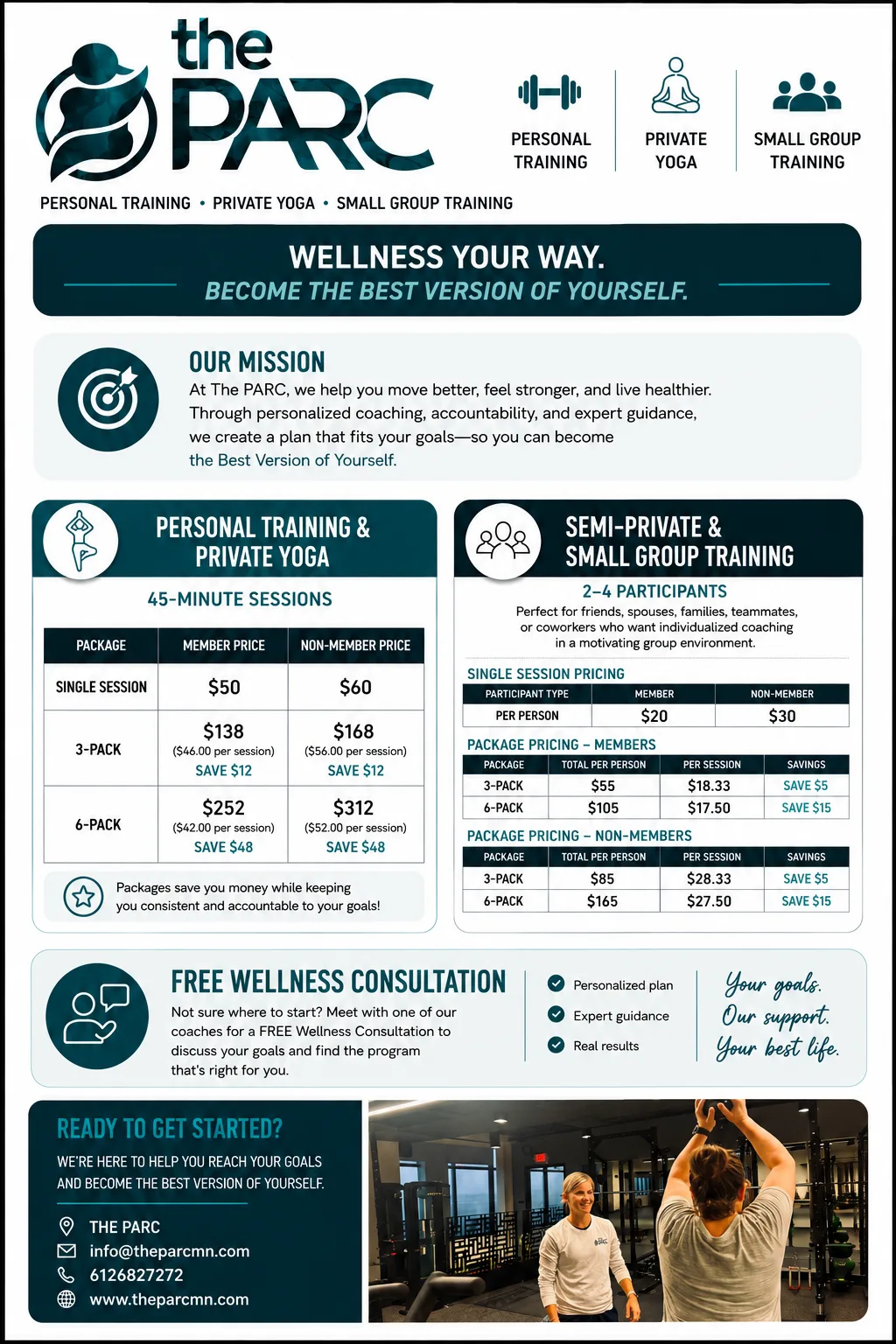 Personal training, private yoga, and small group training pricing at The PARC — 45-minute sessions, package pricing, and free wellness consultation