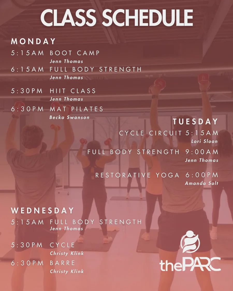 Group class schedule Monday through Wednesday at The PARC